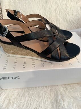 Geox Ischia Corda Black Leather Sandals Size 39/US 9 NIB